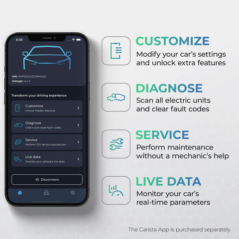Smartphone showing Bluetooth OBD2 Scanner app interface with diagnostics, customizations, and service tools options.