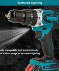 No Sweat Brushless Cordless Drill And Impact Driver Two Gears 0 To 2400 Rpm With Bright LED Work Light highlighting scattered lighting feature.