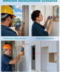 Ultra Accurate Laser Tape Measure 328 Feet With Dual Bubble Levels, Portable Digital Distance Tool in use for continuous, area and volume measurement