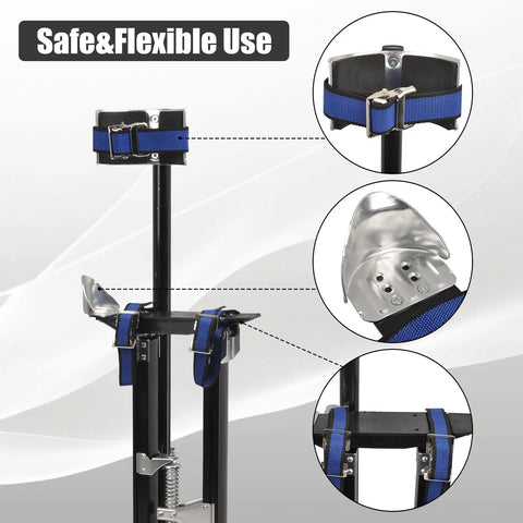 Height Adjustable Drywall Stilts You Can Rely On 24 to 40 Inch Aluminum Lifts details with close-up of straps and footplate.