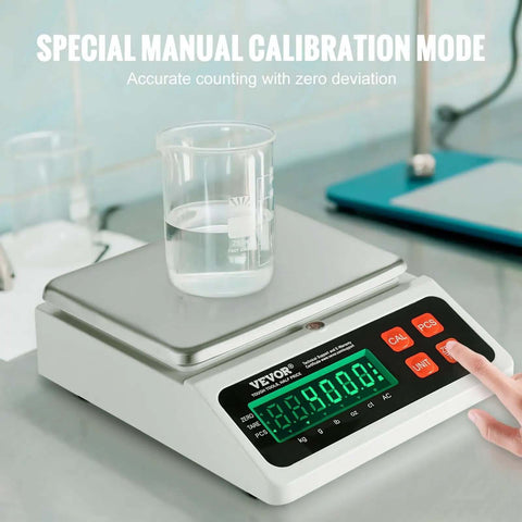 Industrial Counting Scale for Parts and Coins With 10 Kg Capacity, LED display, stainless steel pan, laboratory setting.