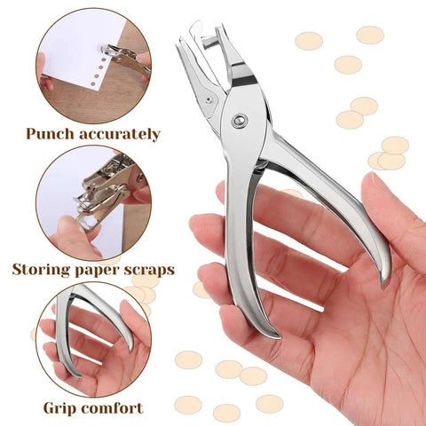Hand holding Twenty Piece Metal Handheld Single Hole Punch Set One Quarter Inch Eight Sheet Capacity for crafts and office use