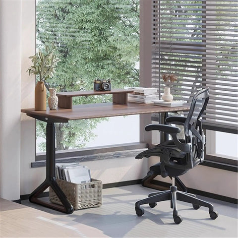 Smooth Electric Standing Desk With Natural Wood Top Adjustable Height Workstation Quiet Motor Gaming Setup Home Office Writing Table  with monitor shelf.