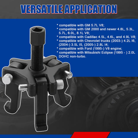 Harmonic Balancer Puller Kit With Adjustable 3 Jaw Pulley for GM Chrysler Ford, close-up on tool with compatibility text