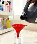 Pouring liquid into bottle using red funnel from Five Piece Plastic Oil Funnel Set For Auto Large Flexible Wide Mouth Funnels With Detachable Spout And Filter Includes Long Hose A Must Have For Water Gasoline Coolant And Engine Oil Transfer