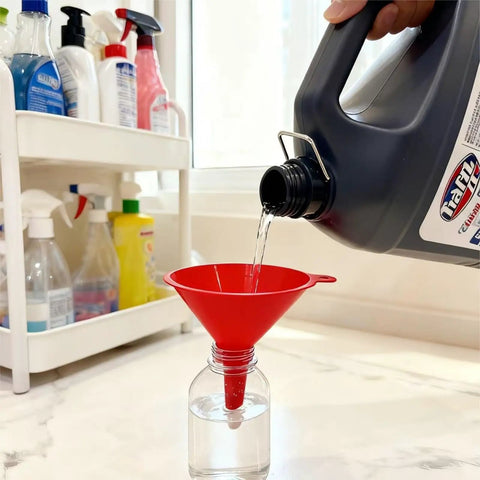 Pouring liquid into bottle using red funnel from Five Piece Plastic Oil Funnel Set For Auto Large Flexible Wide Mouth Funnels With Detachable Spout And Filter Includes Long Hose A Must Have For Water Gasoline Coolant And Engine Oil Transfer