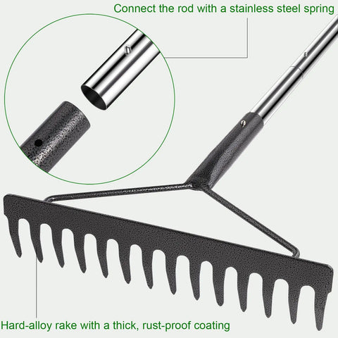 Sturdy Metal Garden Rake With Extra Long Adjustable Handle 71 Inch 18 Inch Wide Head 14 Tines Leaf Debris Rake For Quick Yard Cleanup Heavy Duty Ergonomic Back Friendly Design For Tall Users, close-up of rake head and handle connection.