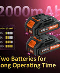 Two 2000mAh batteries for cordless 2-in-1 string trimmer and edger with wheel, 20V battery powered, lightweight orange yard workhorse.