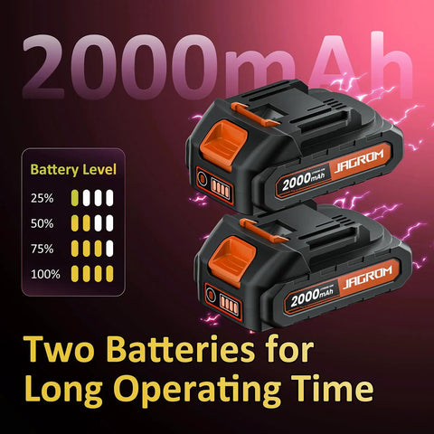 Two 2000mAh batteries for cordless 2-in-1 string trimmer and edger with wheel, 20V battery powered, lightweight orange yard workhorse.