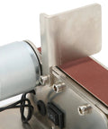 Close-up of Fafeicy 200W Mini Belt Sander's brass motor, adjustable speed dial, and sanding belt for polishing and grinding.