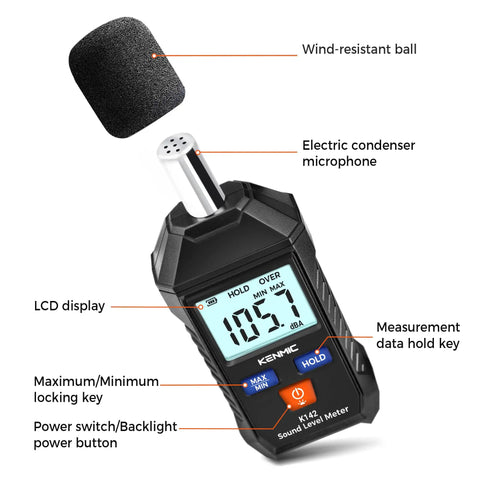Handy Portable Sound Level Meter With Backlit LCD For Quick Noise Checks, Measures 35-130 dB(A) Range, Digital SPL Meter With MAX MIN Data Hold, Ideal For Office, Classroom, Workshop, Neighbors And Home Noise Monitoring, black handheld unit