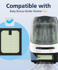 4 Pack HEPA Filter Replacement For Bottle Washer Pro Fits Tight And Keeps It Fresh, High Efficiency Cabiclean Filtration For Clean Bottles, Easy Install In Seconds, No Fuss, Quiet Operation, Long Lasting Odor Control For Pristine Home Bottles. compatible filter shown with Baby Brezza Bottle Washer Pro