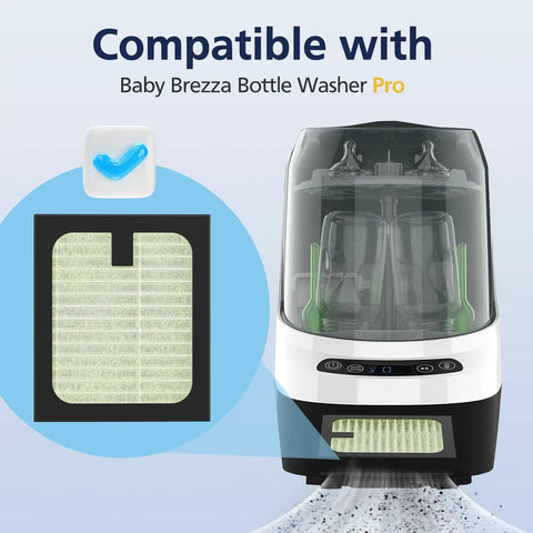 4 Pack HEPA Filter Replacement For Bottle Washer Pro Fits Tight And Keeps It Fresh, High Efficiency Cabiclean Filtration For Clean Bottles, Easy Install In Seconds, No Fuss, Quiet Operation, Long Lasting Odor Control For Pristine Home Bottles. compatible filter shown with Baby Brezza Bottle Washer Pro