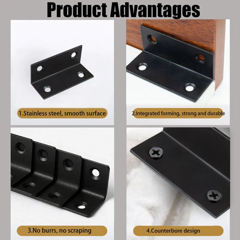 10 Piece Stainless Steel L Bracket Set 2.38x1x1 Inch Heavy Duty 90 Degree Corner Braces Black for wood furniture, close-up details