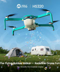 Bubble Drone For Kids And Beginners With Headless Mode, Auto Rotation flying over campsite making bubbles, tents visible