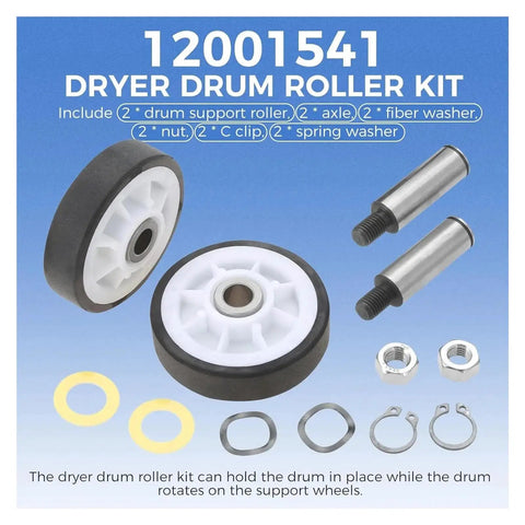 Heavy Duty Dryer Roller Kit With Engineered Plastic Bearings And Pulley Belt That Resists Deformation, Reduces Noise By 30 Percent, Boosts Drying Efficiency And Slashes Cycle Time For Faster, Quieter Laundry Sessions. 12001541 dryer drum roller kit with rollers, axles, washers, nuts, and clips