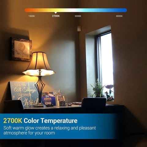 Three Way LED A19 Light Bulbs With 40 60 100W Equivalents, E26 Base, 2700K Warm White lighting a cozy room.