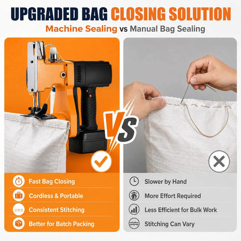 Handheld Portable Bag Sewing Machine For Farms And Logistics Sites With 2 Thread Spools, Battery Powered Woven Sac Sealer compared to manual sealing.