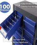 Heavy Duty 100 Drawer Parts Storage Cabinet With Alloy Steel Frame And Thick ABS Drawers For Nuts And Bolts Anti Slip Stops Garage Organizer For Small Parts Built Tough And Easy To Grab, close-up of open drawer showing dividers and labels.