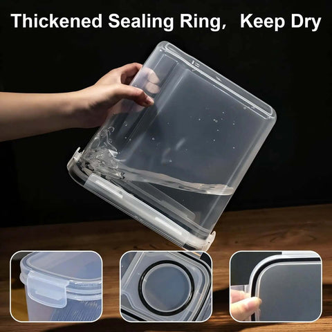 Hand holding clear Moisture Proof Dry Box 4 Pack For 1Kg Filament Spools With Reusable Silica Gel Desiccants, airtight seal shown