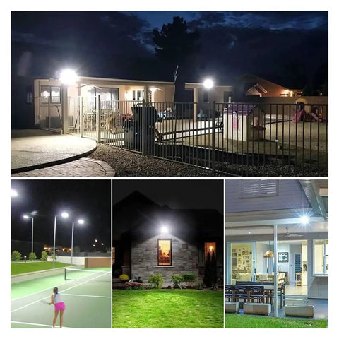 JUDYSSY Led Pir Motion Sensor Floodlight Wall Light Outdoor 3 Colors Ac220 100W 50W 30W 20W 10W Ip66Waterproof, used at night in various outdoor settings.