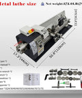 Jaryannix 8x32 Inch Mini Metal Lathe, 1100W Benchtop Machine with variable speed control, showing dimensions and included tools.