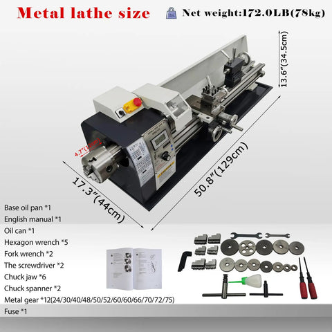 Jaryannix 8x32 Inch Mini Metal Lathe, 1100W Benchtop Machine with variable speed control, showing dimensions and included tools.