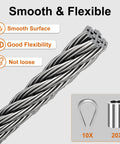 Close-up of One Eighth Inch Marine Grade Stainless Steel Cable 100 Feet Seven By Seven Strand, thimble and loop sleeve shown