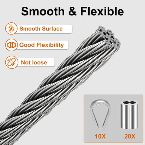 Close-up of One Eighth Inch Marine Grade Stainless Steel Cable 100 Feet Seven By Seven Strand, thimble and loop sleeve shown