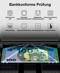Fast Cash Counter With UV MG IR DD Counterfeit Detection showcasing security features and a 100 Euro note display, sleek black design
