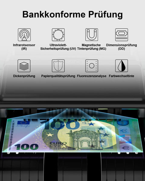 Fast Cash Counter With UV MG IR DD Counterfeit Detection showcasing security features and a 100 Euro note display, sleek black design