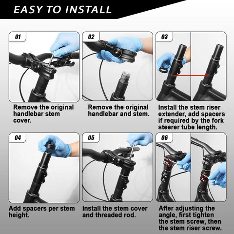 Installation guide for Beefy 100mm Bike Stem Riser Extender For 1 1/8 Inch Forks on bicycle handlebars.