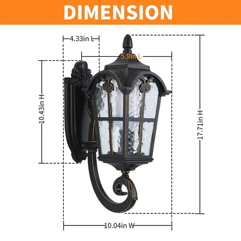 Dimensions of Dusk To Dawn Outdoor Wall Light With Sensor in Matte Black, 10.43H x 10.04W inches, waterproof sconce for porch and garage.