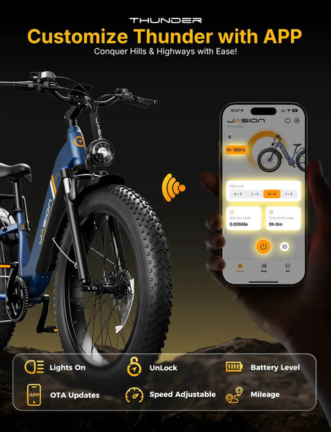 Electric Fat Tire Bike For Adults With 1800W Peak Motor and app shown on smartphone