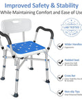 Built To Last Heavy Duty Shower Chair With Arms Inside Shower, 550 lb capacity, ergonomic and non-slip features shown.