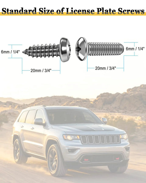 Hella Secure Stainless Steel License Plate Mounting Kit With One Quarter Inch By Three Quarter Inch Bolts Chrome Caps shown on standard screws