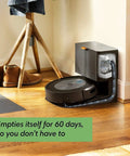 J7 Plus Self Emptying Vacuum Cleaning Robot Renewed Black Delivers Powerful Suction, shown docking on wooden floor