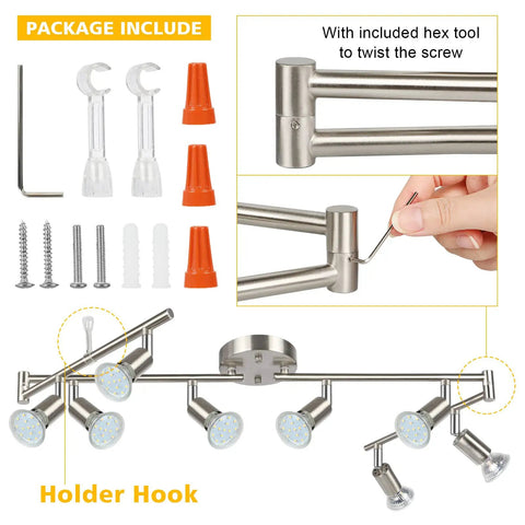 Installation tools and parts for Sleek LED Track Lighting Kit 54 Inch Matte Nickel 8 Way Ceiling Track Spotlight System