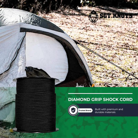 Diamond Grip Black Bungee Cord One Eighth Inch by One Hundred Feet Ultra Stretch Elastic Shock Cord for camping near a tent