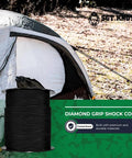 Heavy Duty Bungee Cord With Textured Grip Sheath Three Eighths Inch Wide By One Hundred Feet Long next to camping tent.