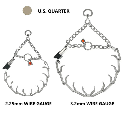 No Pull Prong Collar With Quick Release ClicLock Buckle For Small To Medium Dogs Stainless Steel Pinch Collar For Training 16 Inch Length 2.25 Millimeter Prongs Adjustable Fit Made In Germany shown in two sizes with U.S. quarter for scale.
