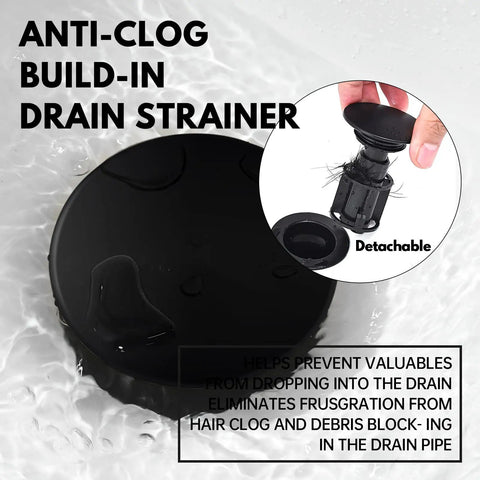 Anti-clog drain strainer from Matte Black 8 Inch Widespread Bathroom Faucet For 3 Hole Sink with pop up drain and supply lines.