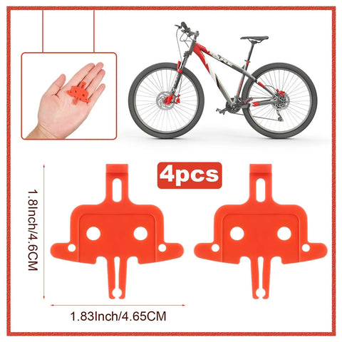 4 Pack Bicycle Disc Brake Spacers, lightweight plastic disc pad spacers for hydraulic disc brakes shown with mountain bike and dimensions