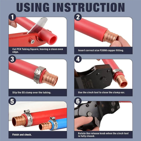 Ratchet PEX Cinch Tool For Stainless Steel Clamps Meets ASTM 2098 Clamping Three Eighths One Half Three Quarters Five Eighths One Inch Pipe Tubing One Hand Design For Easy Clamp Tightening And Quick Pipe Installations No Sweat