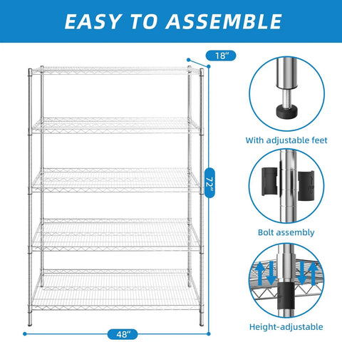 Heavy Duty 5 Shelf Chrome Wire Shelving Unit With 48 Inch Long Shelves, 18 Inch Wide, 72 Inch Tall, Adjustable Height, Easy Assembly, Includes Clips And Hooks, Perfect Garage, Pantry, Or Utility Room Storage System with adjustable feet