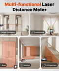 Beast Laser Measuring Tool With 165 Ft Range, High Accuracy One Sixteenth Inch Tolerance Plus Or Minus Two Millimeters, Multi Mode, Self Calibration, Backlight, 99 Memory, AAA Battery Operated For Indoor Outdoor Use. Multi-function laser distance meter showing single, area, volume, and Pythagorean modes