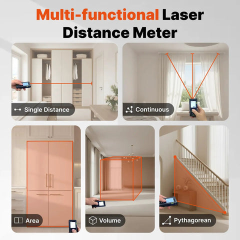 230 Foot Laser Distance Meter With Bright Green Beam And Smart Angle Tracking shows single distance and area measuring functions.
