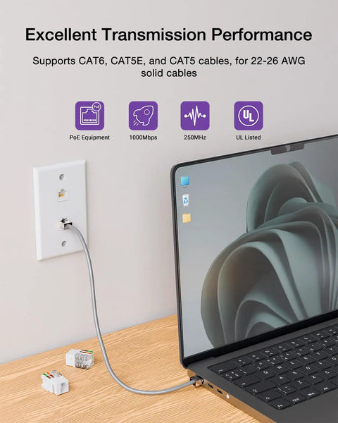 High Speed 10Gbps Cat6 Keystone Jack Insert 25 Pack For Patch Panels And Wall Plates connected to laptop