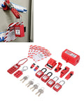 Boss Level Electrical Lockout Tagout Kit With Safety Locks Hanging Tags Key Storage Bags For Machines To Prevent Accidents Short Circuits Fires In Industry Using Abs Brass Steel Nylon Gear That Looks Sharp Is The Real Deal And Ready To Go. Red lockout set on breaker panel with padlocks, tags, and key storage.