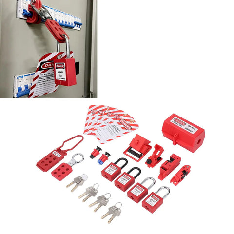 Boss Level Electrical Lockout Tagout Kit With Safety Locks Hanging Tags Key Storage Bags For Machines To Prevent Accidents Short Circuits Fires In Industry Using Abs Brass Steel Nylon Gear That Looks Sharp Is The Real Deal And Ready To Go. Red lockout set on breaker panel with padlocks, tags, and key storage.